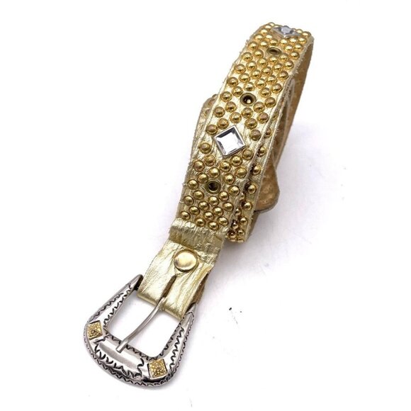 Women Gold Tone Studded Crystal Leather Belt Silver Tone Buckle 45" End to End - Picture 1 of 7
